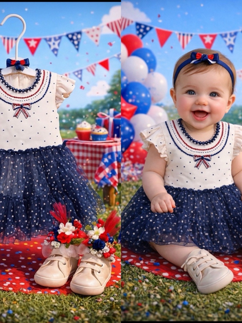 Patriotic Polka Dots Baby Shower Centerpiece, Little Girl Birthday, Wearable Set